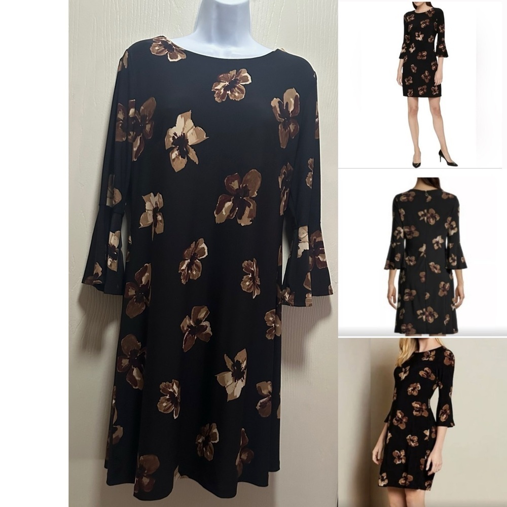 🖤✨Tommy Hilfiger Black & Brown Floral Bell Sleeve Shift Dress - Size 10✨🌸